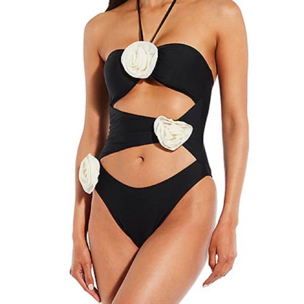 Gianni Bini Solid Rosette Asymmetrical Ruched Cut-Out One Piece Swimsuit